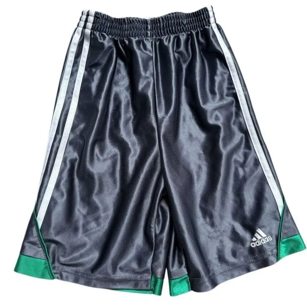 Youth Boys Adidas Three Stripe Gray & Green Athletic Shorts - Sz L (7)